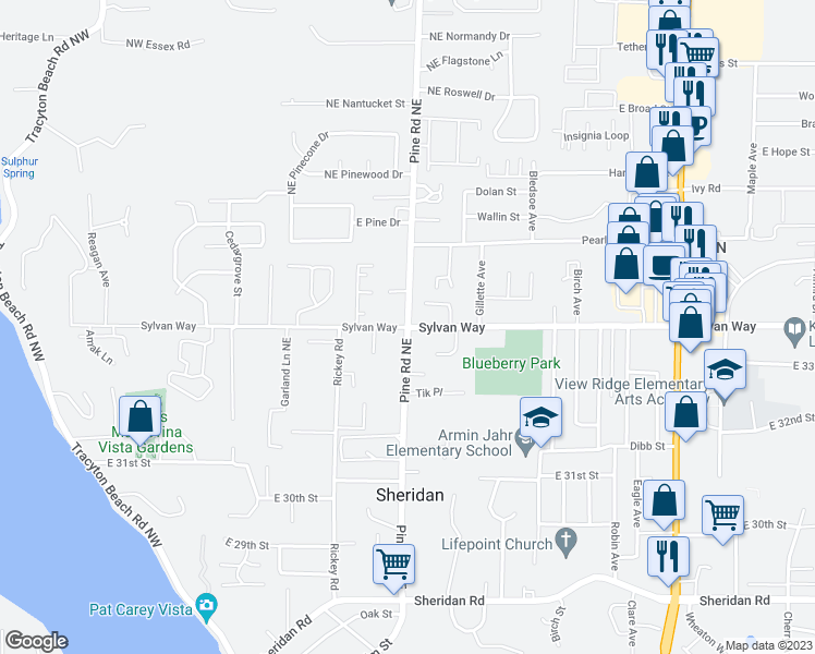 map of restaurants, bars, coffee shops, grocery stores, and more near Pine Rd NE & Sylvan Way in Bremerton