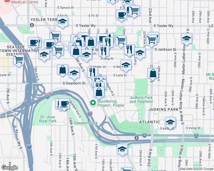 map of restaurants, bars, coffee shops, grocery stores, and more near 801 Davis Place South in Seattle