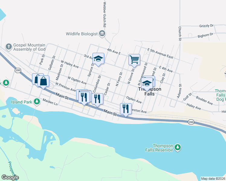 map of restaurants, bars, coffee shops, grocery stores, and more near 205 Ferry Street in Thompson Falls