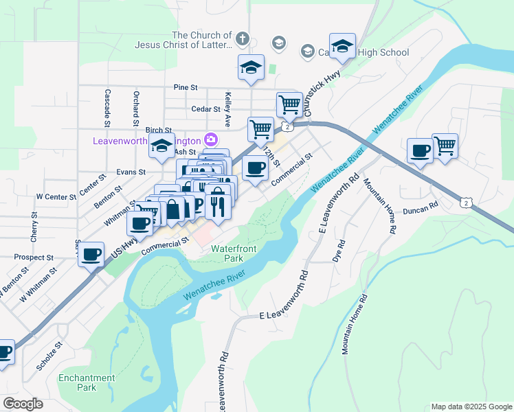 map of restaurants, bars, coffee shops, grocery stores, and more near 347 Division Street in Leavenworth