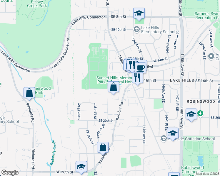 map of restaurants, bars, coffee shops, grocery stores, and more near 1730 140th Court Southeast in Bellevue