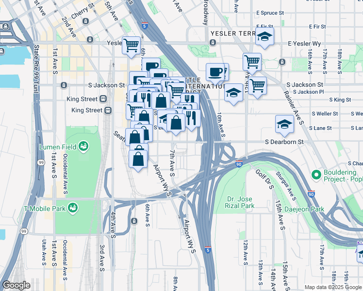 map of restaurants, bars, coffee shops, grocery stores, and more near 848 7th Avenue South in Seattle