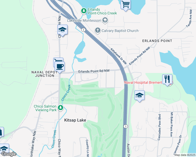 map of restaurants, bars, coffee shops, grocery stores, and more near 3454 Golf Club Road in Bremerton