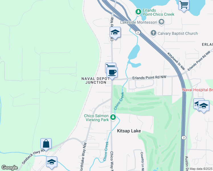 map of restaurants, bars, coffee shops, grocery stores, and more near 3301 Chico Way Northwest in Bremerton