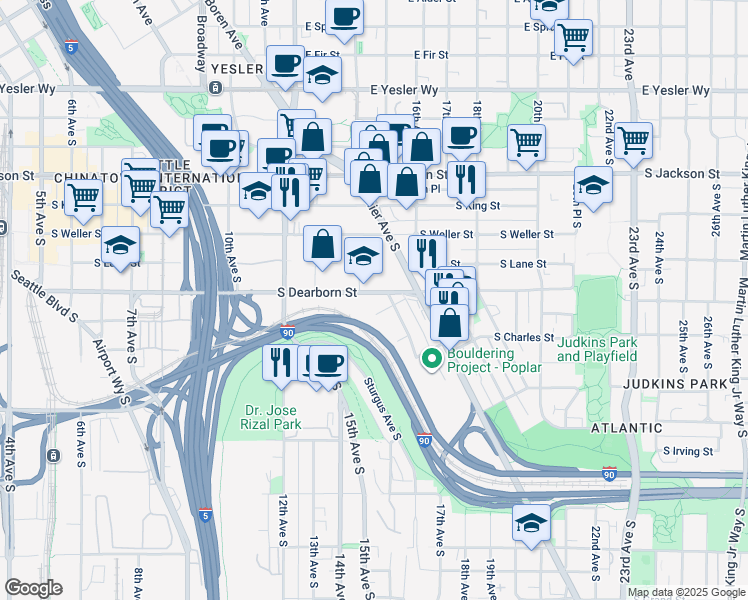 map of restaurants, bars, coffee shops, grocery stores, and more near 1421 South Dean Street in Seattle