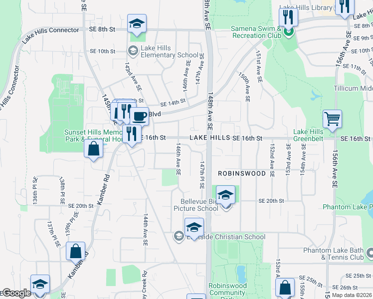 map of restaurants, bars, coffee shops, grocery stores, and more near 14613 Southeast 16th Place in Bellevue