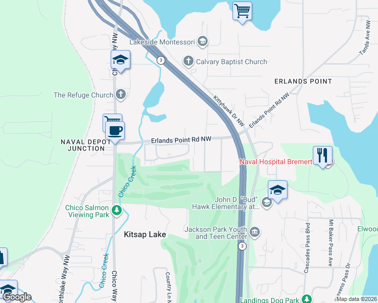 map of restaurants, bars, coffee shops, grocery stores, and more near 3945 Northwest Fairway Lane in Bremerton