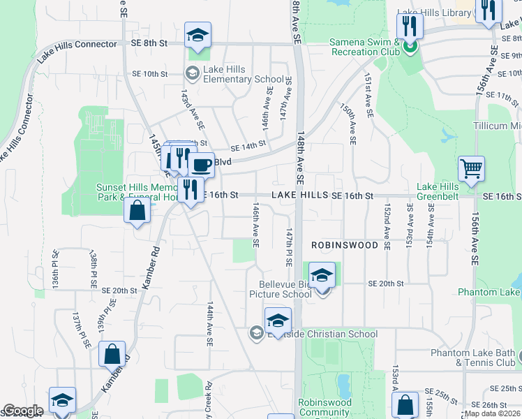 map of restaurants, bars, coffee shops, grocery stores, and more near 1606 146th Avenue Southeast in Bellevue
