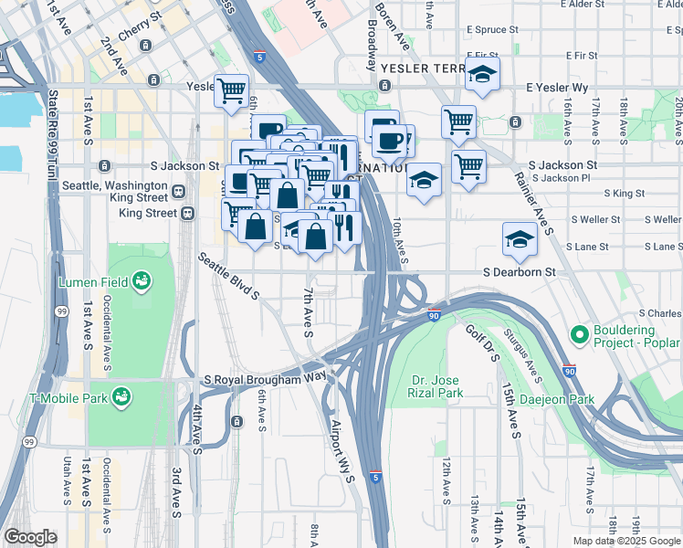 map of restaurants, bars, coffee shops, grocery stores, and more near 815 South Dearborn Street in Seattle