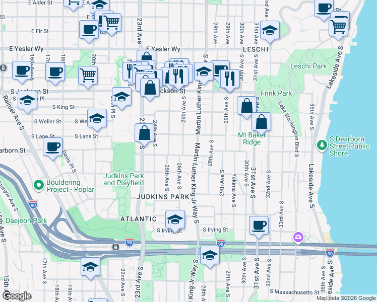 map of restaurants, bars, coffee shops, grocery stores, and more near 2613 South Lane Street in Seattle