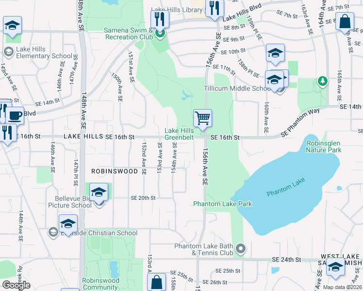map of restaurants, bars, coffee shops, grocery stores, and more near 1628 154th Avenue Southeast in Bellevue