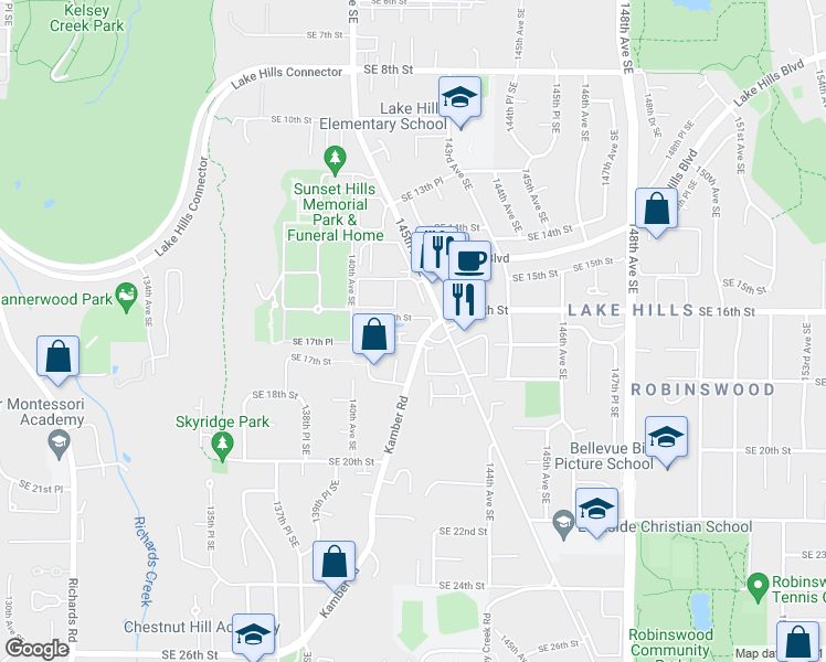 map of restaurants, bars, coffee shops, grocery stores, and more near 1537 145th Place Southeast in Bellevue