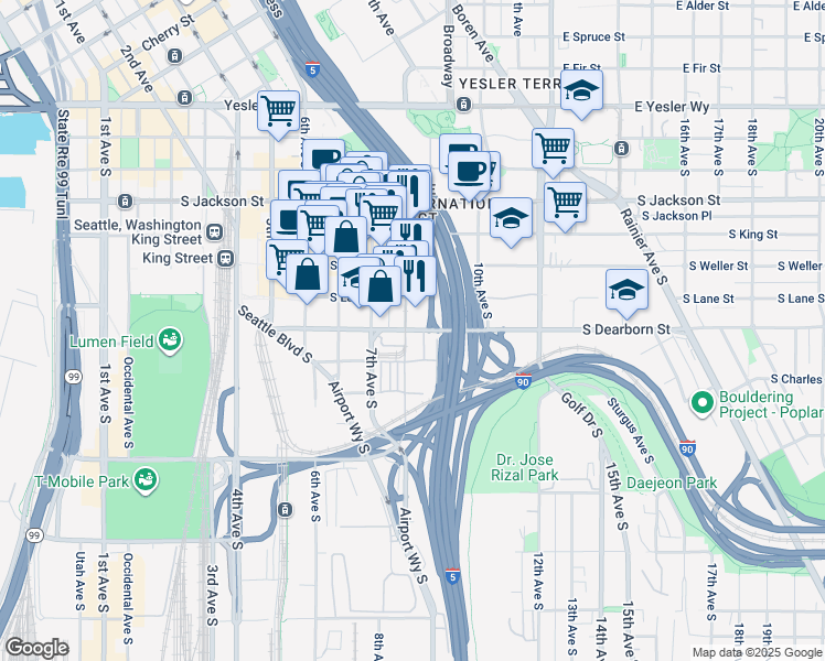 map of restaurants, bars, coffee shops, grocery stores, and more near 718 8th Avenue South in Seattle