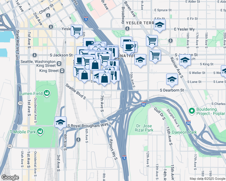 map of restaurants, bars, coffee shops, grocery stores, and more near 815 South Dearborn Street in Seattle