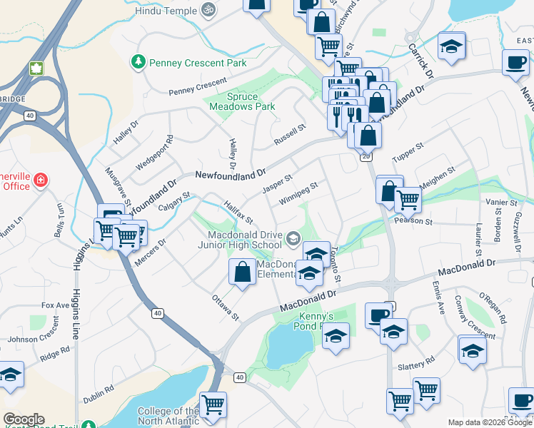 map of restaurants, bars, coffee shops, grocery stores, and more near 14 Jasper Street in St. John's