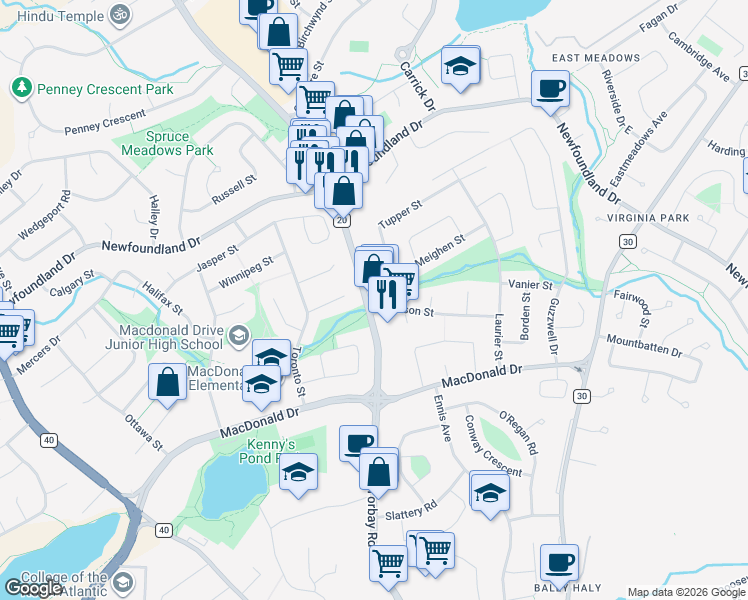 map of restaurants, bars, coffee shops, grocery stores, and more near 38 Pearson Street in St. John's