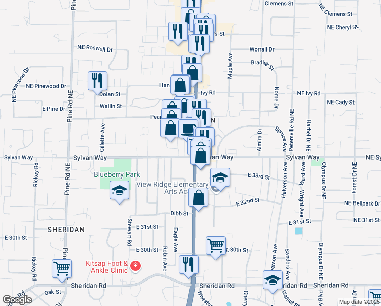 map of restaurants, bars, coffee shops, grocery stores, and more near 3421 Wheaton Way in Bremerton