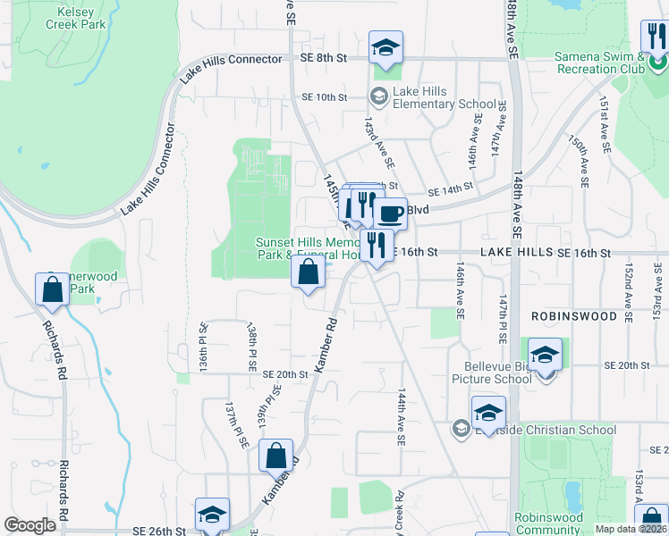 map of restaurants, bars, coffee shops, grocery stores, and more near 14130 Southeast 17th Place in Bellevue