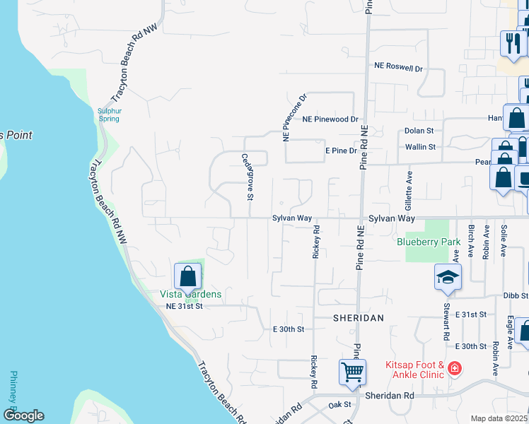 map of restaurants, bars, coffee shops, grocery stores, and more near 3505 Courtyard Lane in Bremerton
