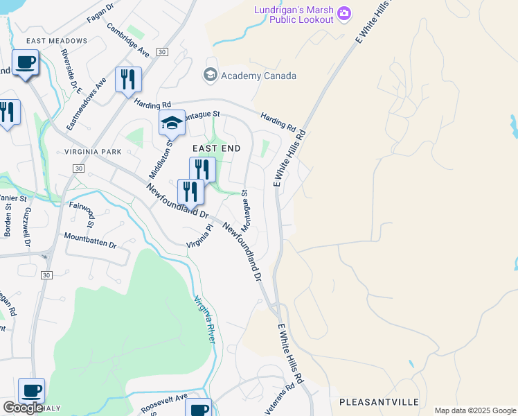 map of restaurants, bars, coffee shops, grocery stores, and more near 69 Watson Street in St. John's