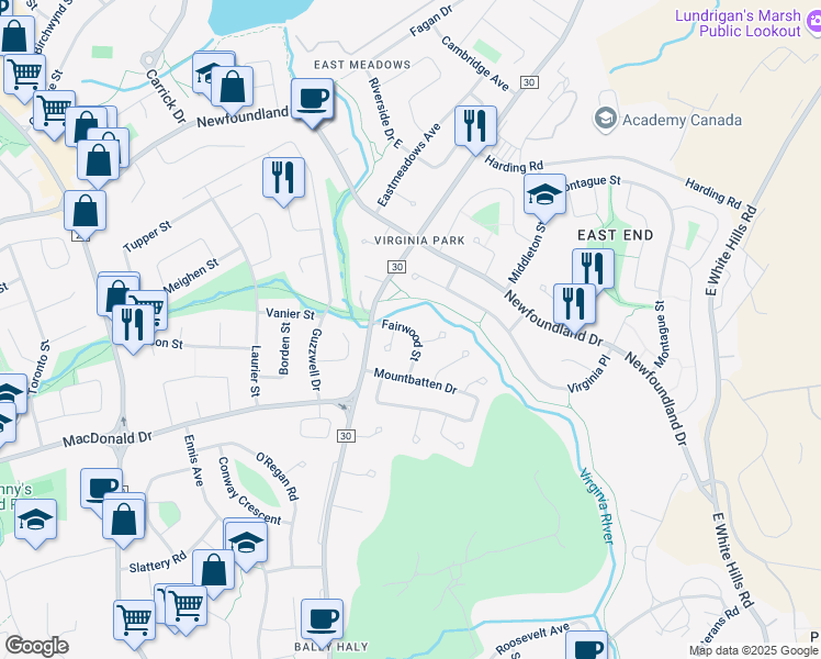 map of restaurants, bars, coffee shops, grocery stores, and more near Fairwood Street in Saint John's
