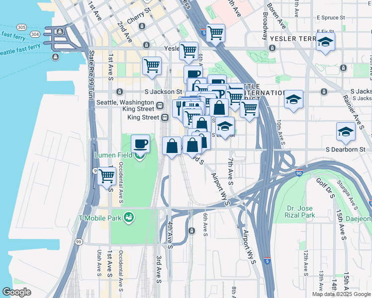 map of restaurants, bars, coffee shops, grocery stores, and more near 706 5th Avenue South in Seattle