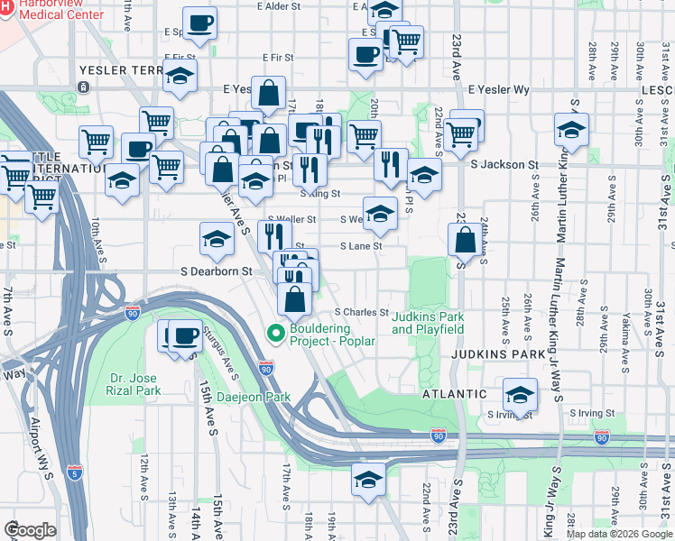 map of restaurants, bars, coffee shops, grocery stores, and more near South Dearborn Street in Seattle