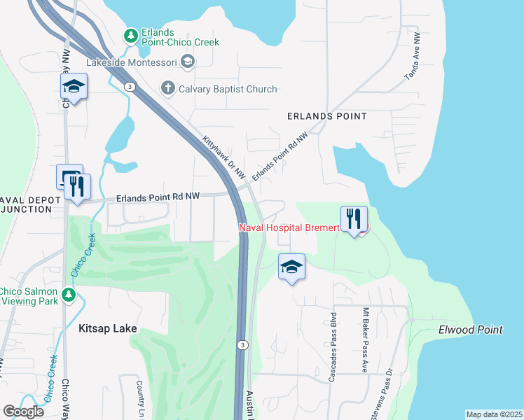 map of restaurants, bars, coffee shops, grocery stores, and more near 3000 Austin Drive in Bremerton