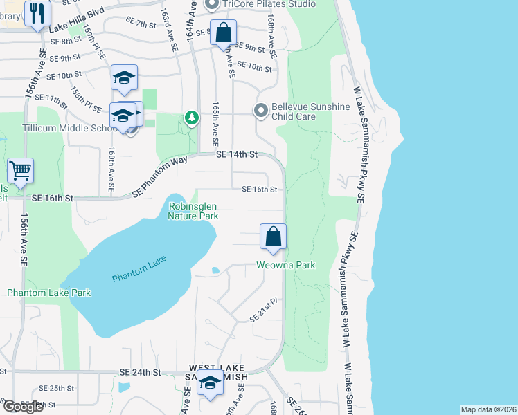 map of restaurants, bars, coffee shops, grocery stores, and more near 16621 Southeast 16th Street in Bellevue
