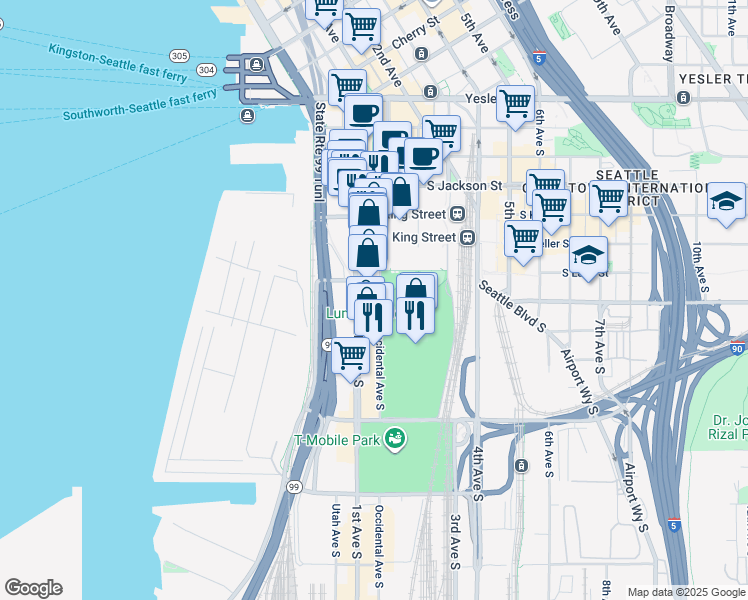 map of restaurants, bars, coffee shops, grocery stores, and more near 562 1st Avenue South in Seattle