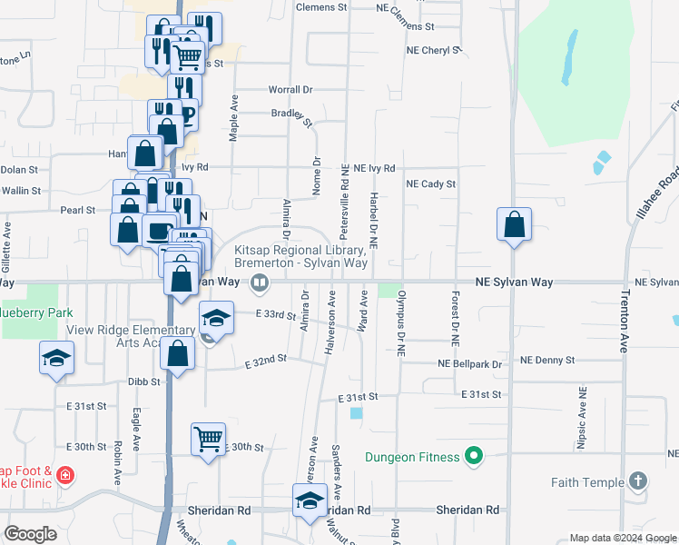 map of restaurants, bars, coffee shops, grocery stores, and more near 1571 Spruce Avenue in Bremerton