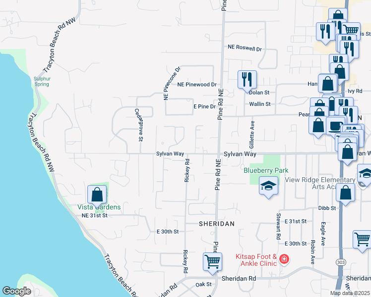 map of restaurants, bars, coffee shops, grocery stores, and more near 3548 Sylvan Pines Circle in Bremerton