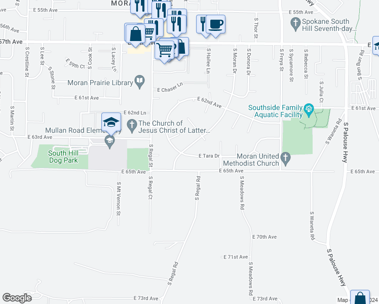 map of restaurants, bars, coffee shops, grocery stores, and more near 3109 East Tara Drive in Spokane