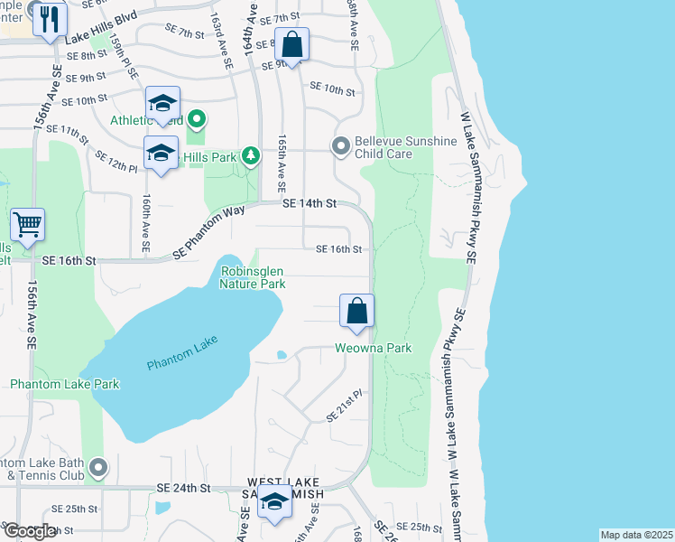map of restaurants, bars, coffee shops, grocery stores, and more near 16621 Southeast 16th Street in Bellevue