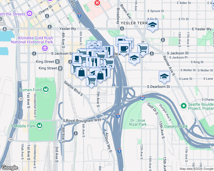 map of restaurants, bars, coffee shops, grocery stores, and more near 8th Avenue South in Seattle