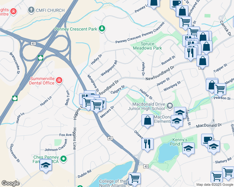 map of restaurants, bars, coffee shops, grocery stores, and more near 13 Calgary Street in St. John's