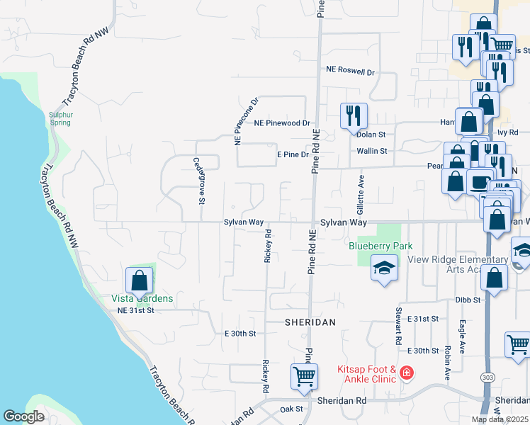 map of restaurants, bars, coffee shops, grocery stores, and more near 320 Sylvan Way in Bremerton