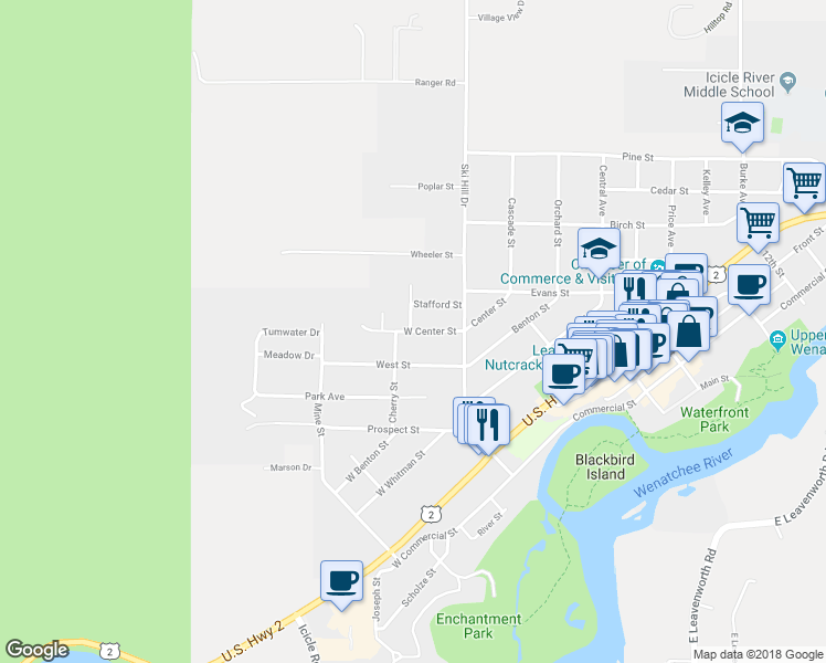 map of restaurants, bars, coffee shops, grocery stores, and more near 146 West Center Street in Leavenworth