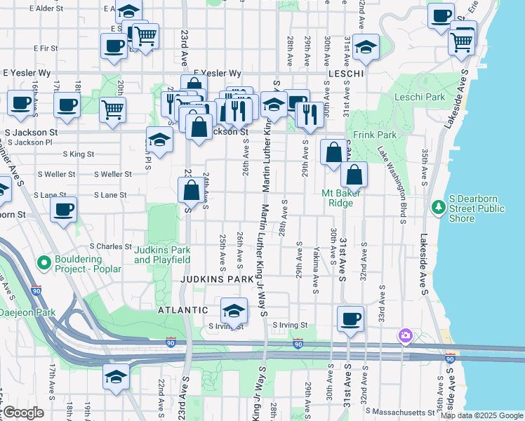 map of restaurants, bars, coffee shops, grocery stores, and more near 2613 South Lane Street in Seattle