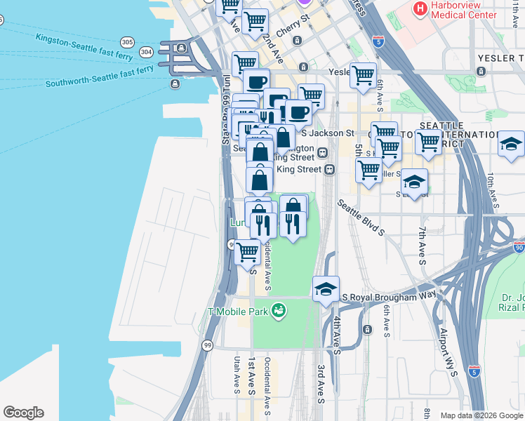 map of restaurants, bars, coffee shops, grocery stores, and more near 590 1st Avenue South in Seattle