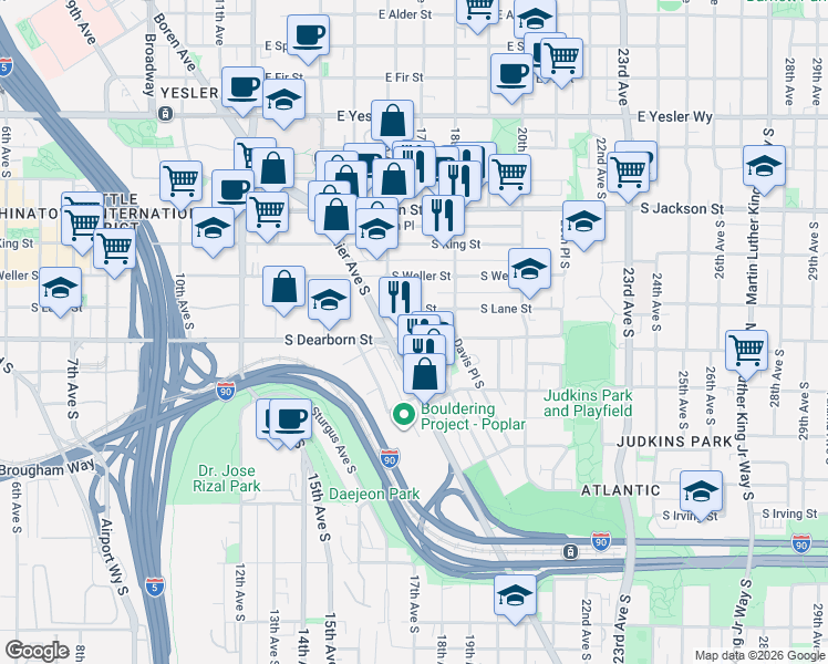 map of restaurants, bars, coffee shops, grocery stores, and more near 1622 South Dearborn Street in Seattle