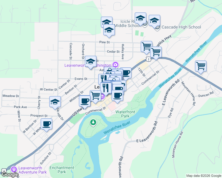 map of restaurants, bars, coffee shops, grocery stores, and more near 900 Front Street in Leavenworth