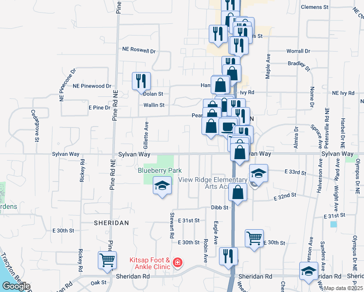 map of restaurants, bars, coffee shops, grocery stores, and more near 900 Sylvan Way in Bremerton
