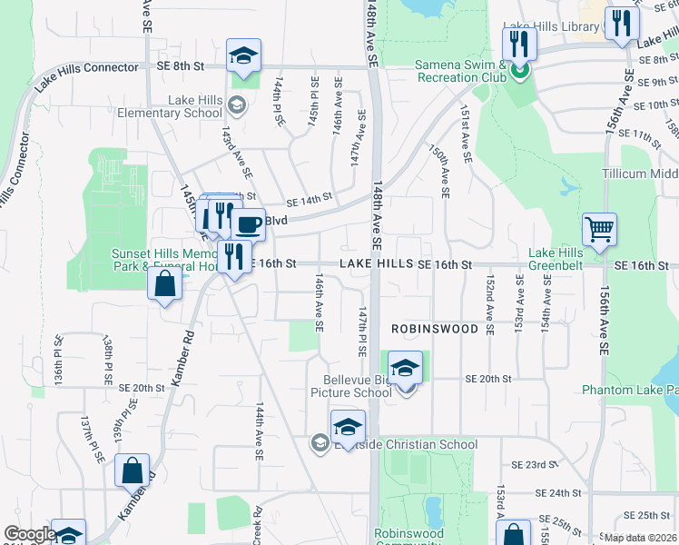 map of restaurants, bars, coffee shops, grocery stores, and more near 14620 Southeast 16th Place in Bellevue