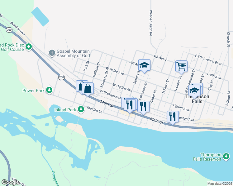 map of restaurants, bars, coffee shops, grocery stores, and more near in Thompson Falls