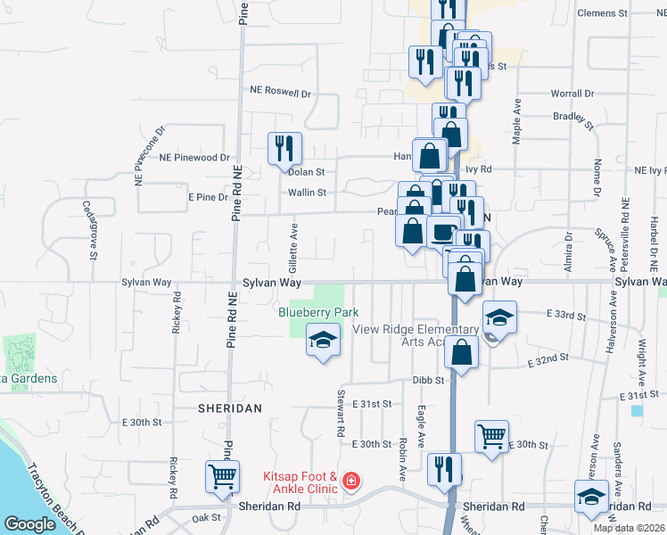 map of restaurants, bars, coffee shops, grocery stores, and more near 3505 Rasmussen Lane in Bremerton