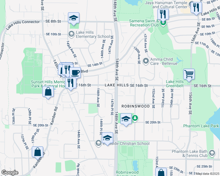 map of restaurants, bars, coffee shops, grocery stores, and more near 14635 Southeast 16th Street in Bellevue