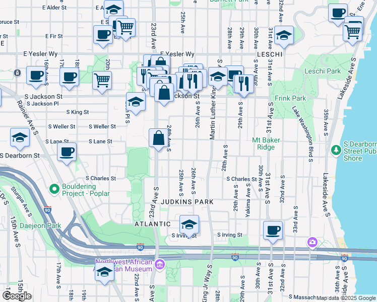 map of restaurants, bars, coffee shops, grocery stores, and more near 2509 South Lane Street in Seattle
