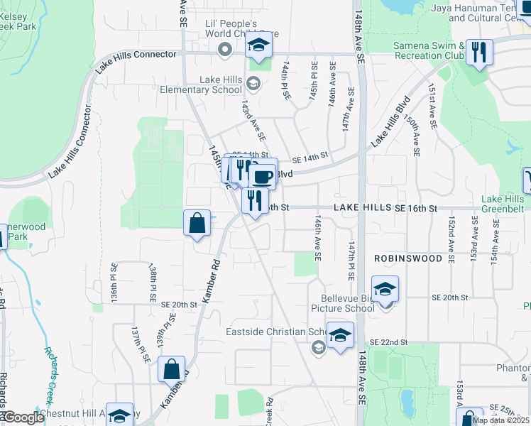 map of restaurants, bars, coffee shops, grocery stores, and more near 1525 143rd Avenue Southeast in Bellevue