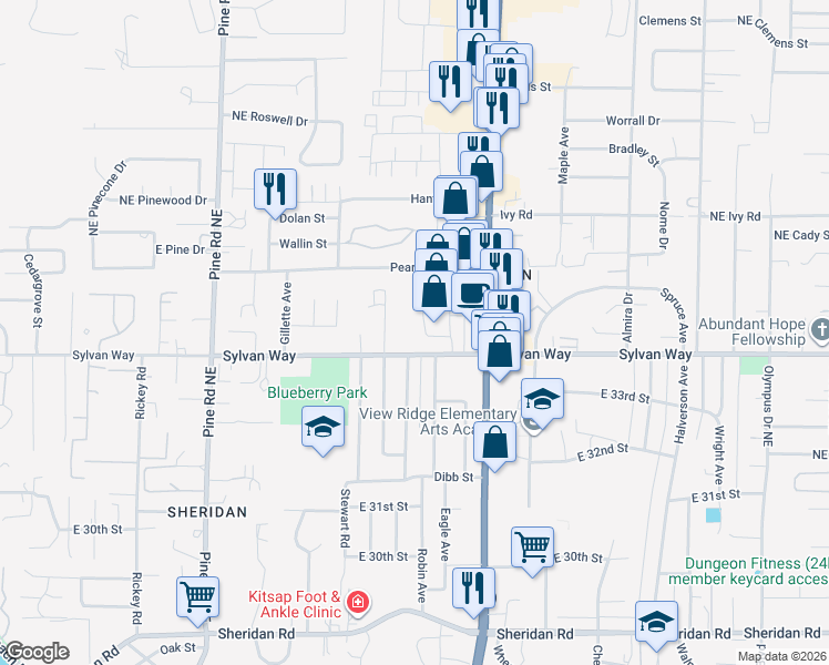 map of restaurants, bars, coffee shops, grocery stores, and more near 1000 Sylvan Way in Bremerton